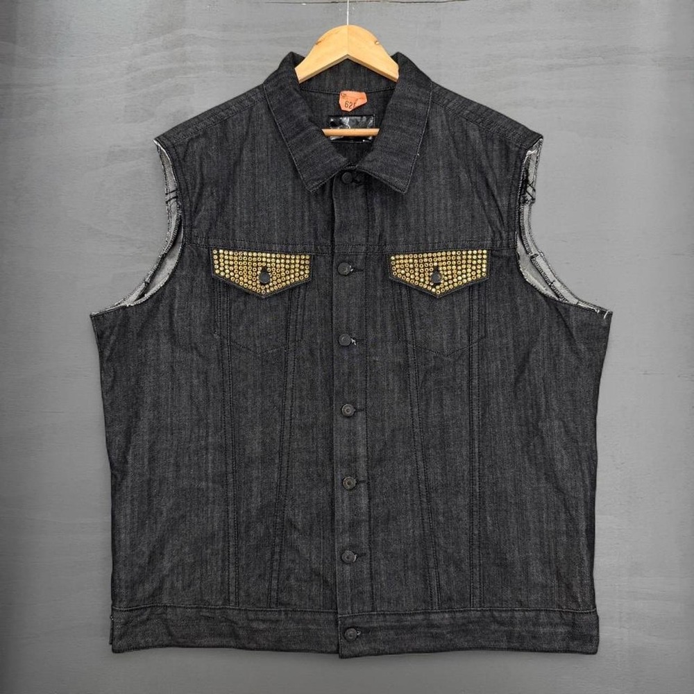 Y2K Robin's Jean Denim Vest Black Studded Motorcycle Club Embroidered XXXL 3XL